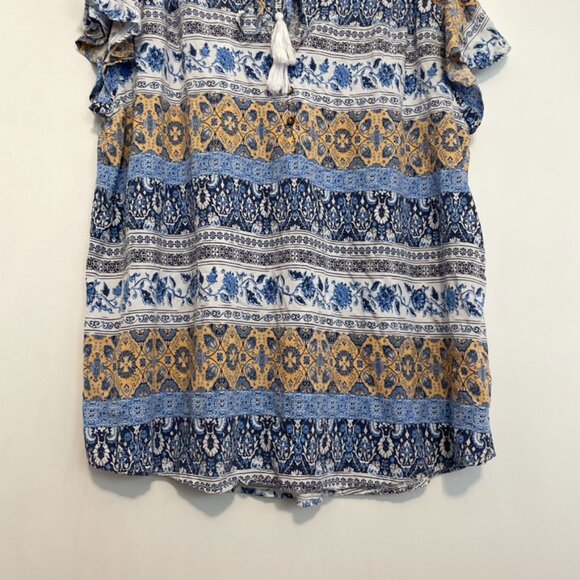 MACKENZIE JAMES Plus Size Blue White Floral Striped Boho Tie Neck Peasant Blouse - Picture 3 of 13